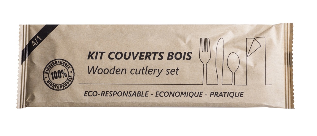 Ensemble couverts BOIS:  Couteau + fourchette + cuillère + serv / CT 400