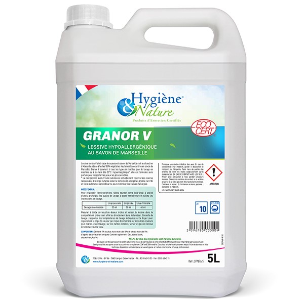 Lessive liquide Granor V ECOCERT au savon de Marseille / 5L